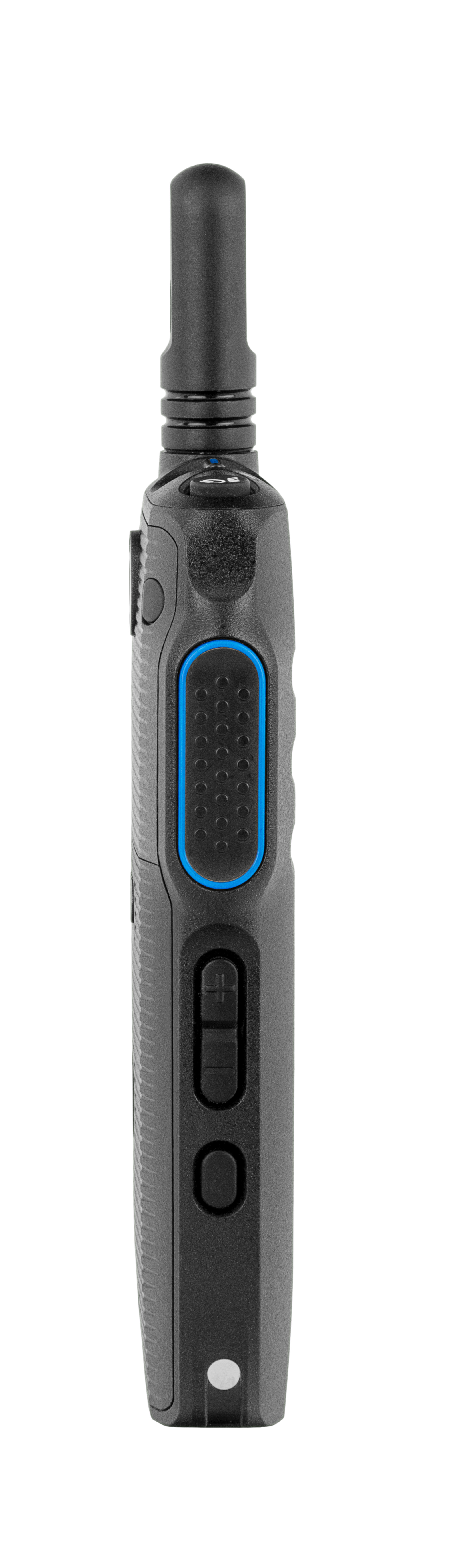 7000-00752971_mot_03.jpg Zijaanzicht van een draagbare radio met antenne en knoppen aan de voorkant.