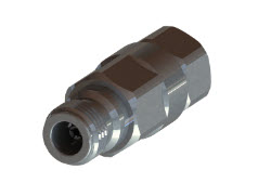 Metal connector with threaded end and hexagonal shape.