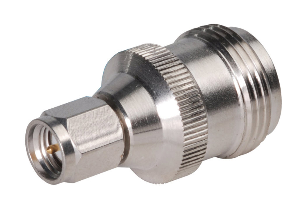 Silver metal adapter with thread and frustum shape on white background.