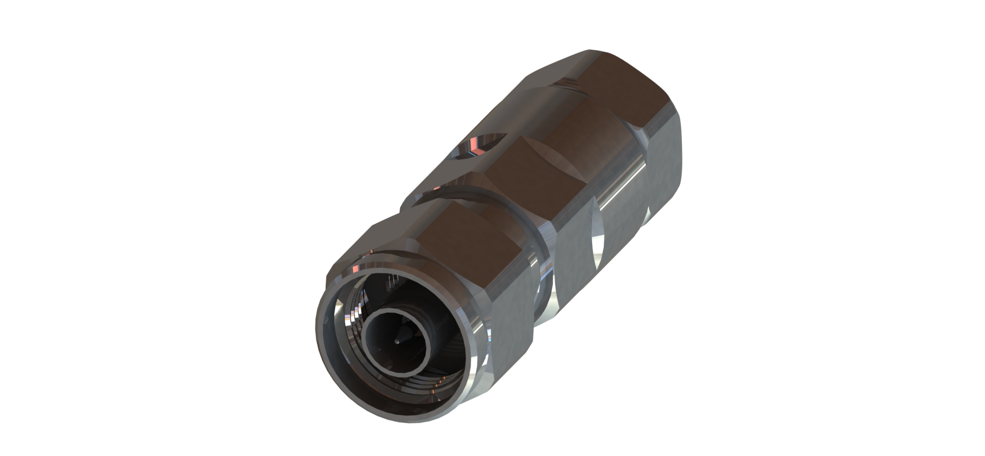 Metal bulkhead adapter for coaxial cables with hexagonal body.