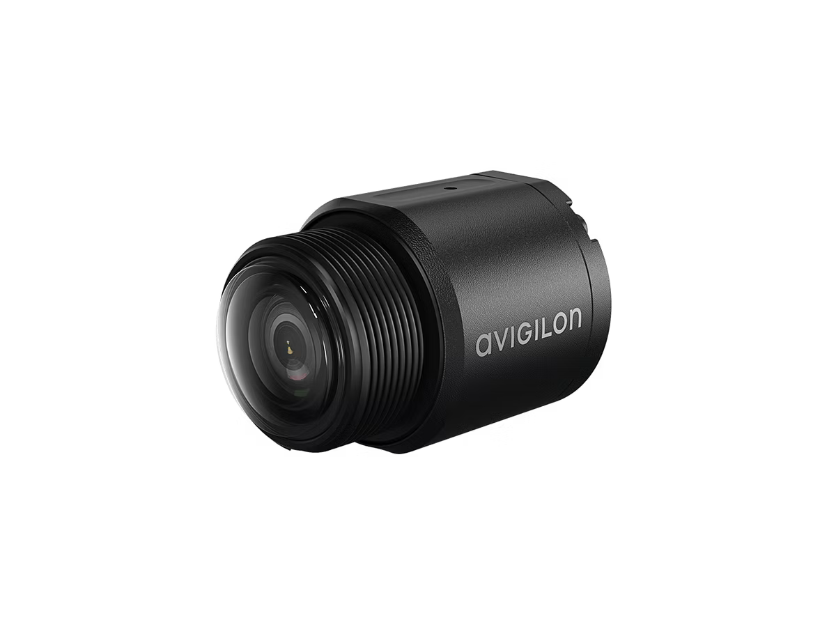 Black surveillance camera with lens and Avigilon logo on the side.