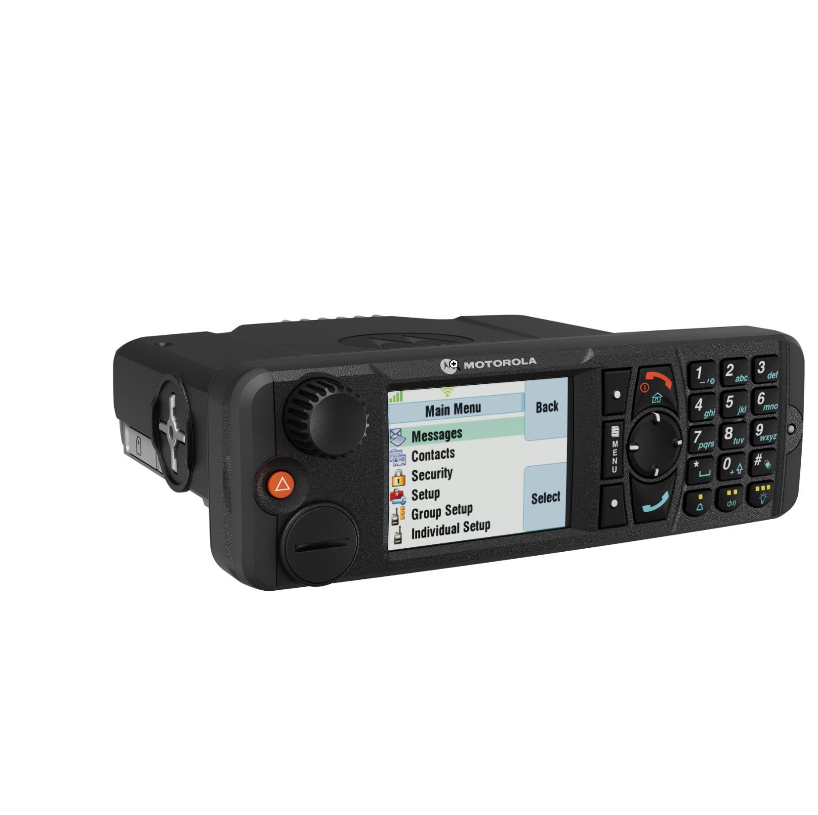 Handheld radio met display en toetsenbord, toont hoofdmenu met opties.