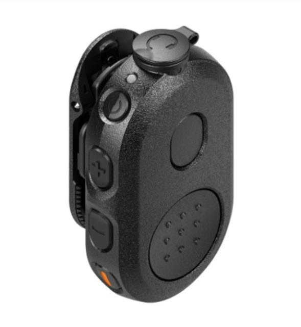 Appareil électronique noir, ovale, avec boutons sur le côté.