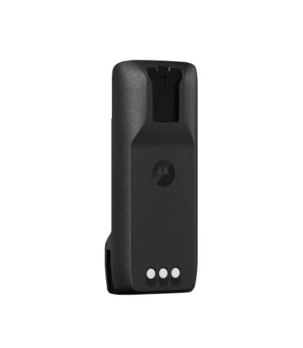 Zwart mobiel apparaat met drie witte contactpunten onderaan.