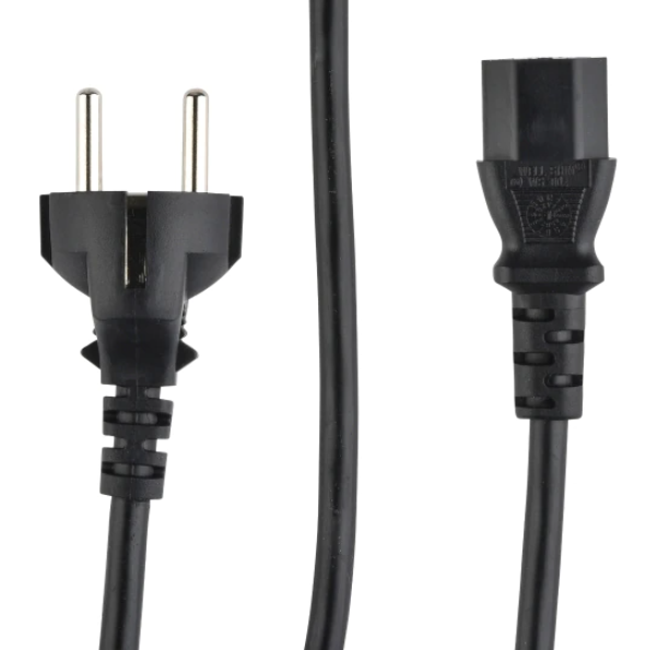 Zwarte stroomkabel met Schuko- en IEC-connector.