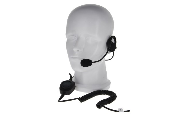 Hoofdmodel met headset en microfoon. Spiraalkabel bevestigd.
