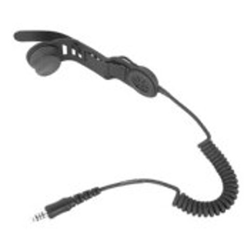 Black earpiece with flexible band and coiled cable.