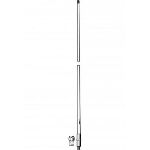 Silver telescopic antenna with base and screw cap.