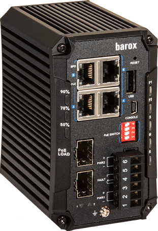 Industriële Ethernet-switch met meerdere netwerkpoorten en indicatoren aan de voorzijde.