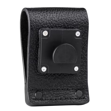 Black textured leather holder with metal buttons and a square mounting on the back.