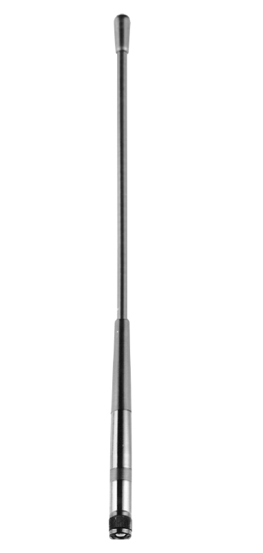 Zilveren metalen antenne met zwarte punt op witte achtergrond.