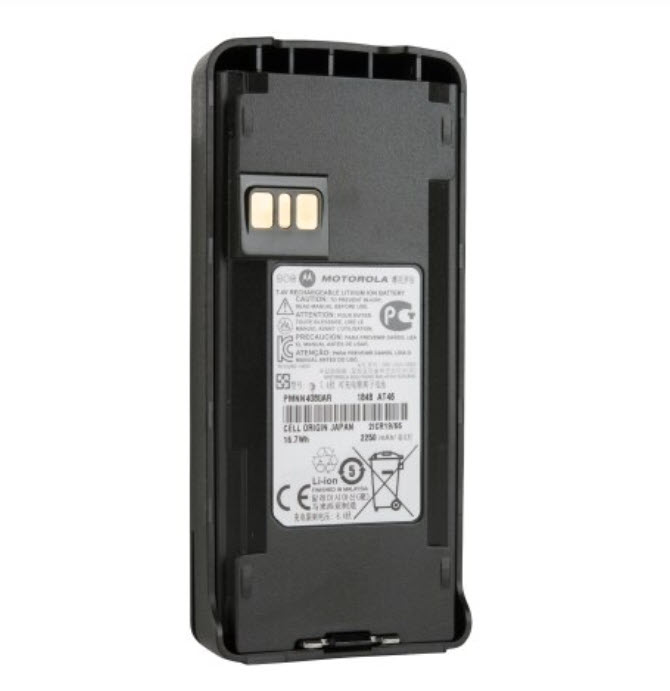 Lithium-ionbatterij met etiket, contacten en technische specificaties.