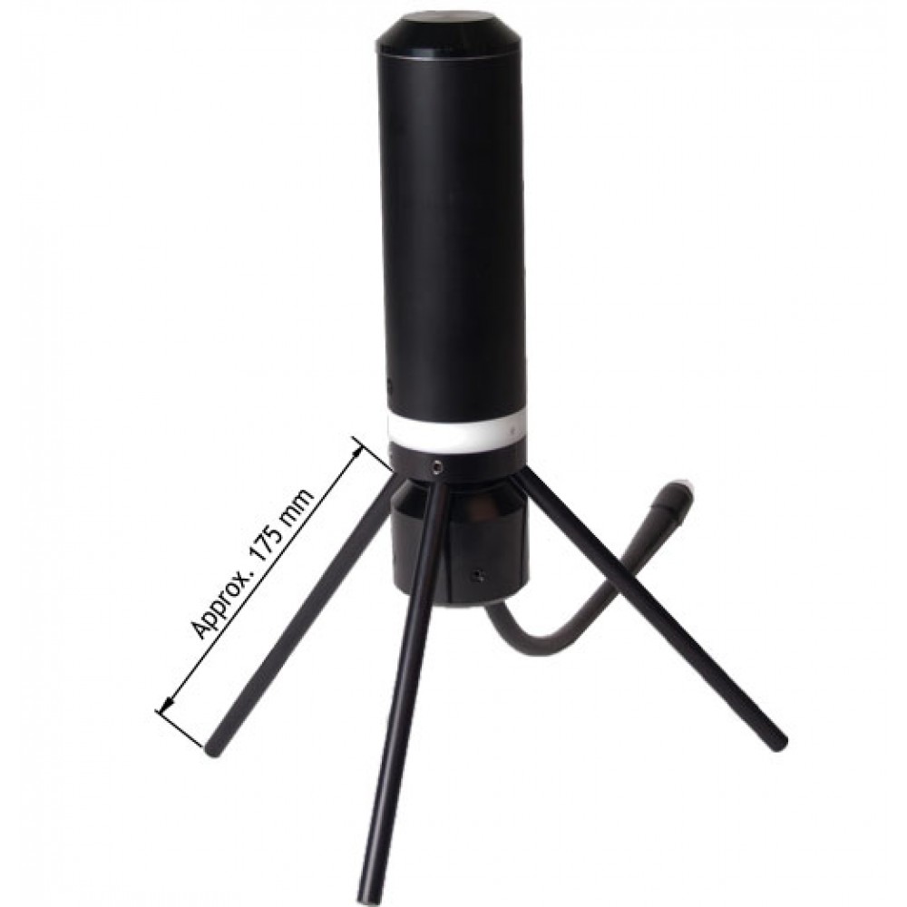 Zwart cilindrisch apparaat op driepootstand, ongeveer 175 mm hoog.