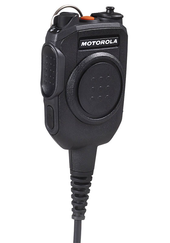 Black handheld radio microphone with cable and side buttons.