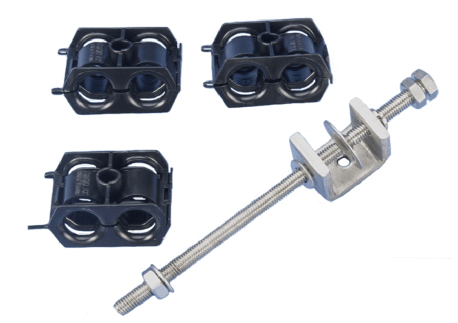 Three black cable holders and a silver screw mounting