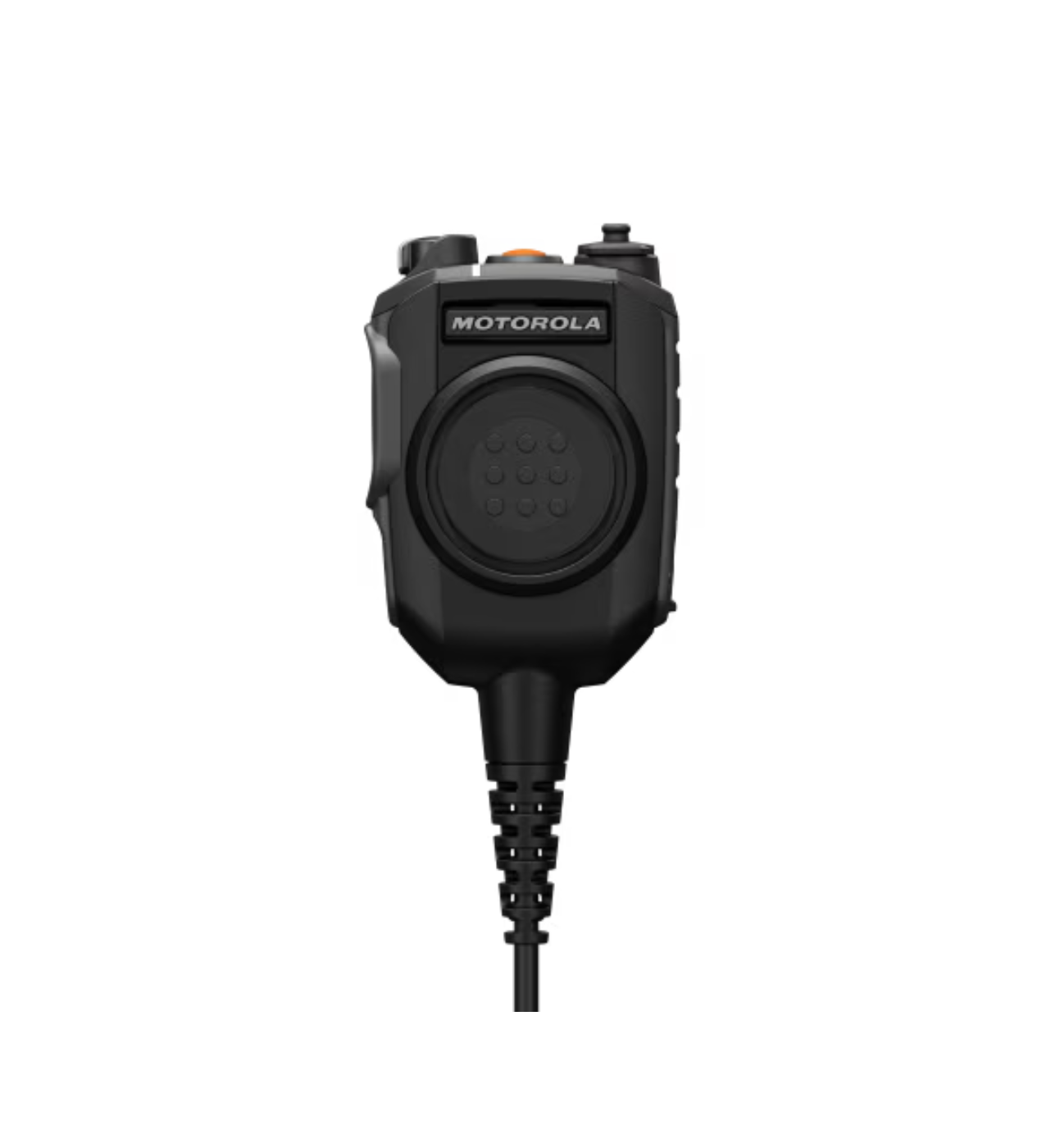 Black radio microphone with cord and buttons.