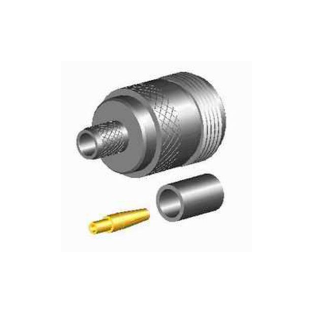 Four-part coaxial connector with metallic components.