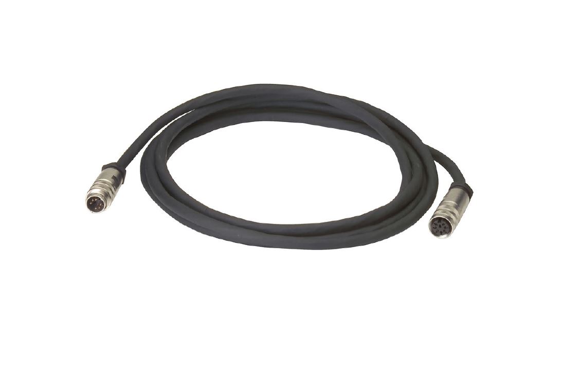 Zwart kabel met ronde stekkers met metalen pinnen aan beide uiteinden.