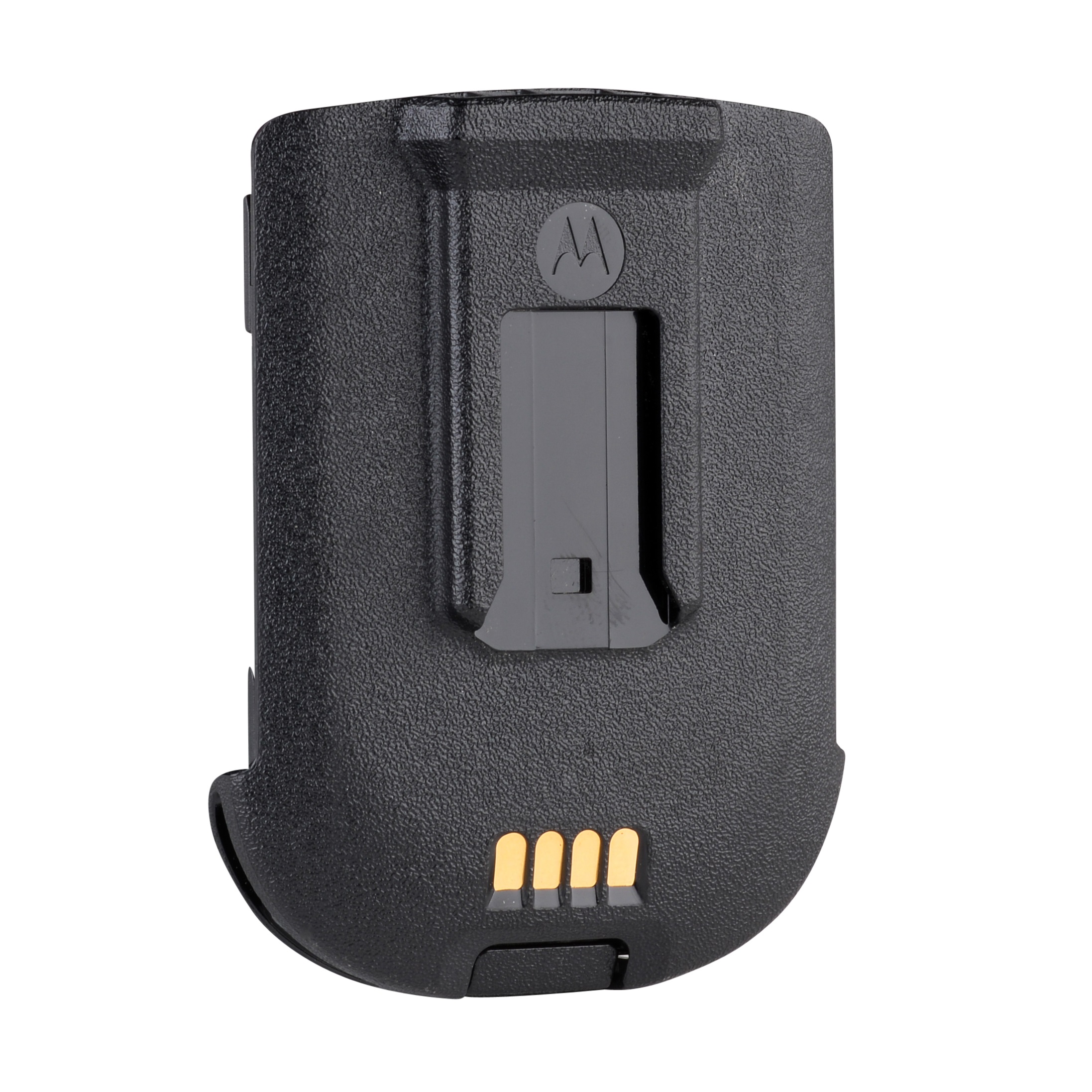 7000-00485600_mot_01.jpg Zwarte batterij met drie gouden contacten en riemclip.