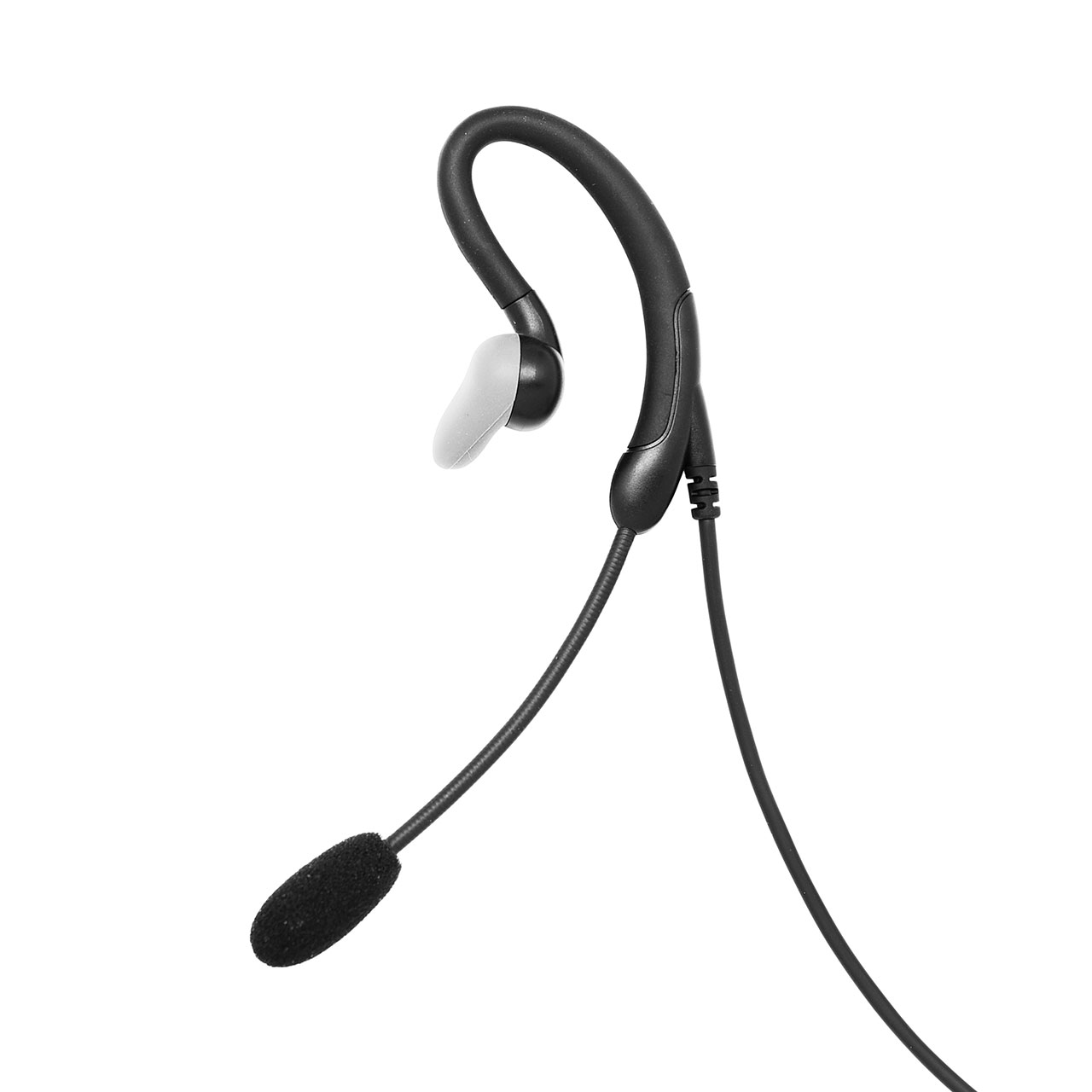 Zwart headset met oorhaak en microfoon.