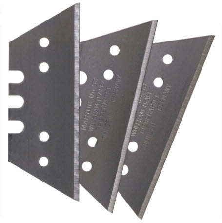 Three blades with holes, sharp and metallic.