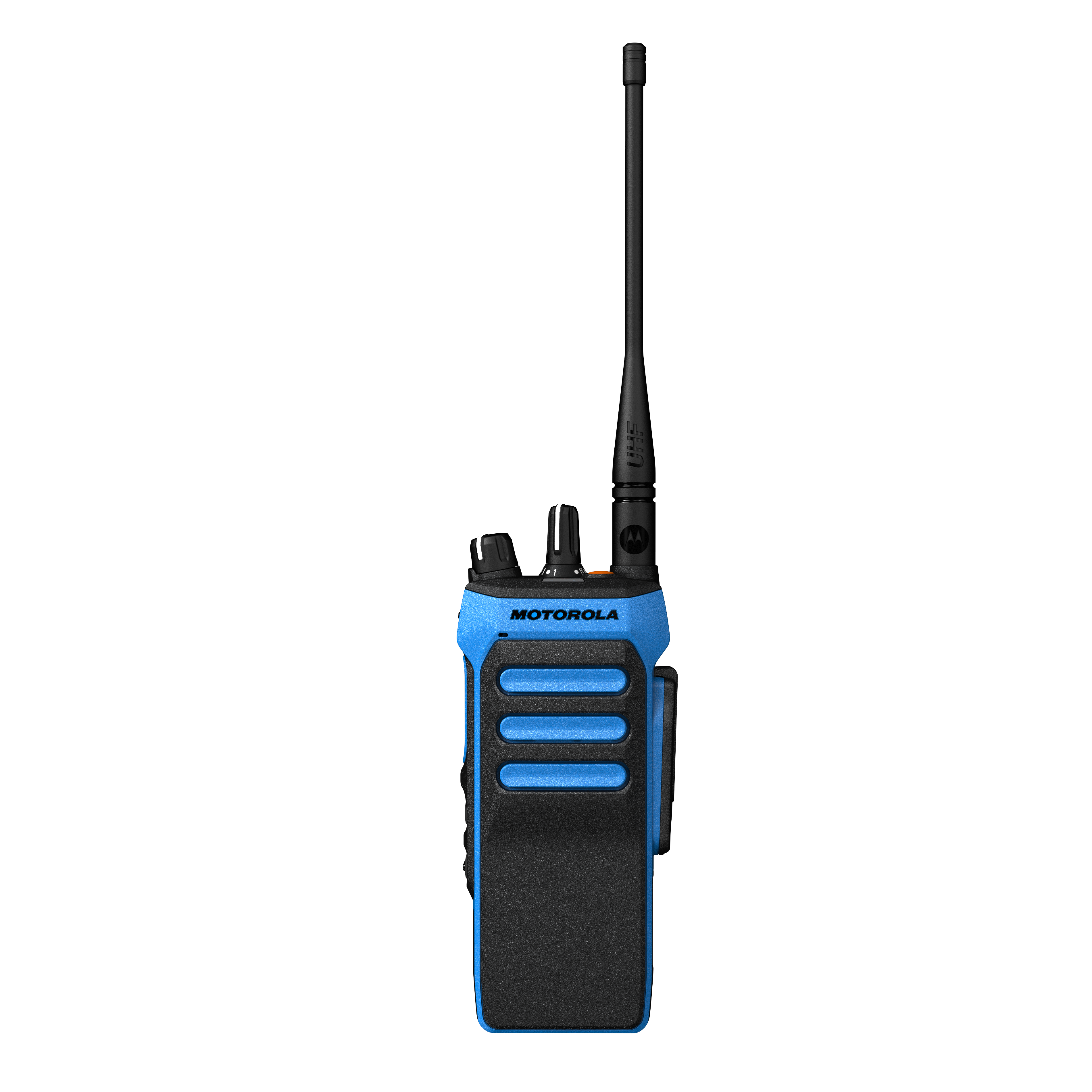 Blauwe portofoon met zwarte antenne en knoppen.