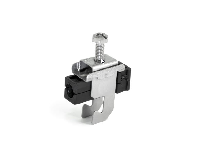 Clip de fixation en métal avec vis et composant en plastique.