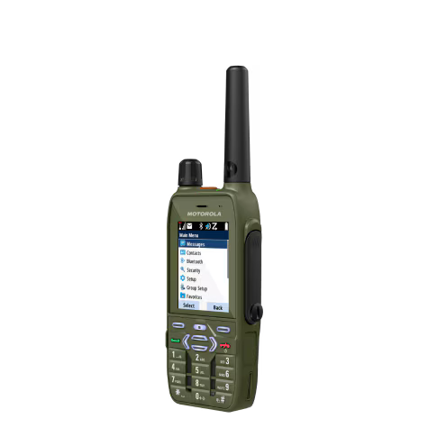 Radio device with keypad, large antenna attachment, and display showing menu view.
