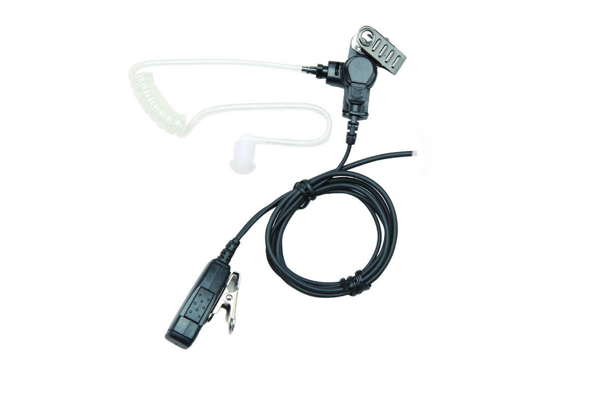 Transparante oortelefoonkabel met microfoon en metalen clip.