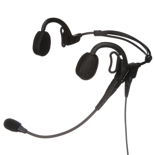 Casque noir avec microphone sur bras flexible. Design léger pour usage professionnel.