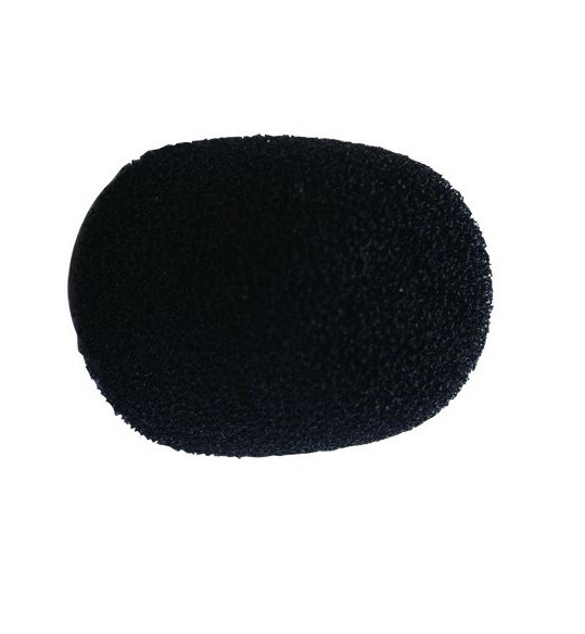 Black foam windscreen for microphone in an oval shape.