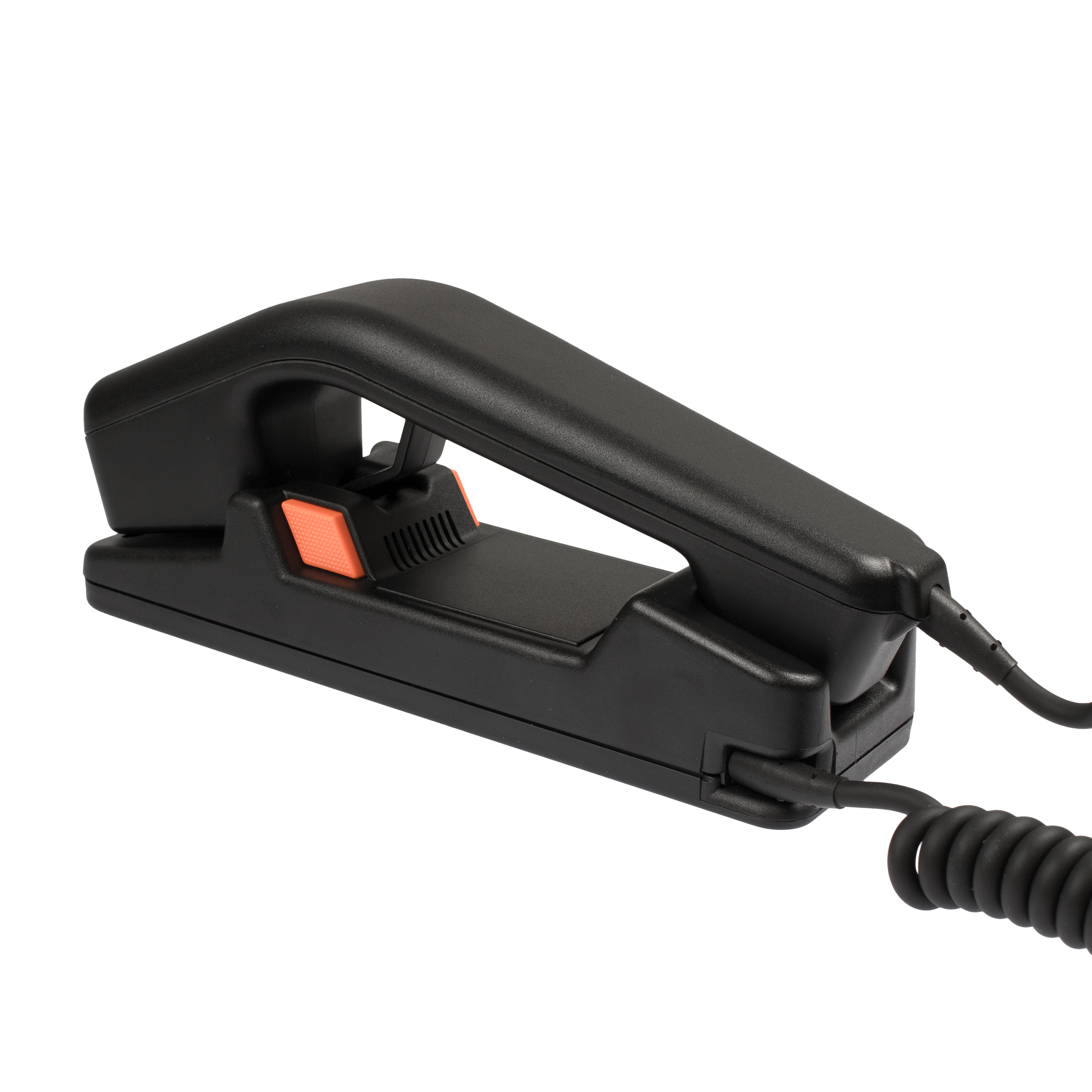 Black landline telephone handset with orange button, connected by cord.
