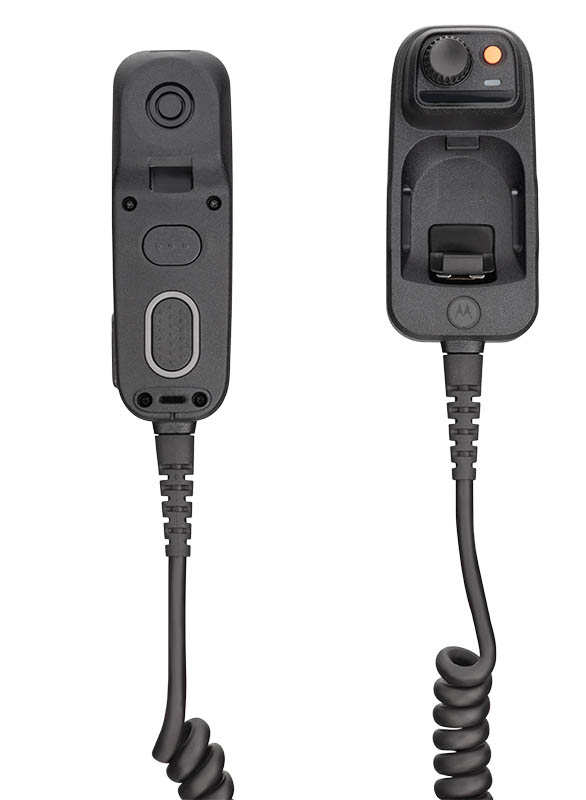 Two black radio microphones with coiled cables.