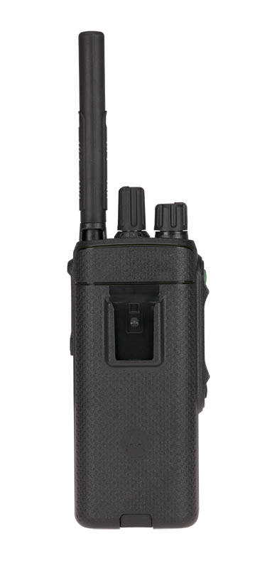 Handheld radio with antenna and knobs, seen from the back.