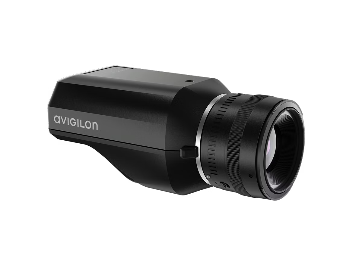 Black surveillance camera with lens, brand avigilon.