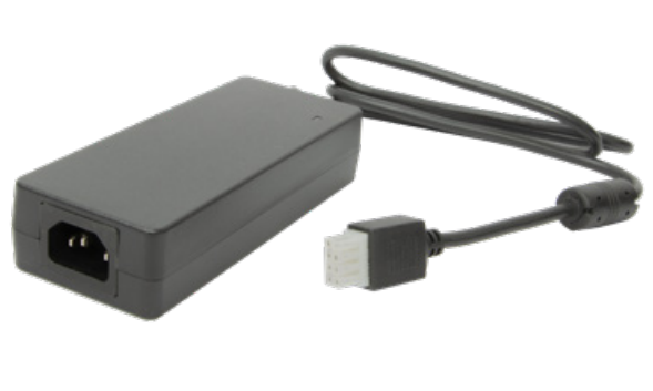 Black power adapter with power cable and rectangular plug