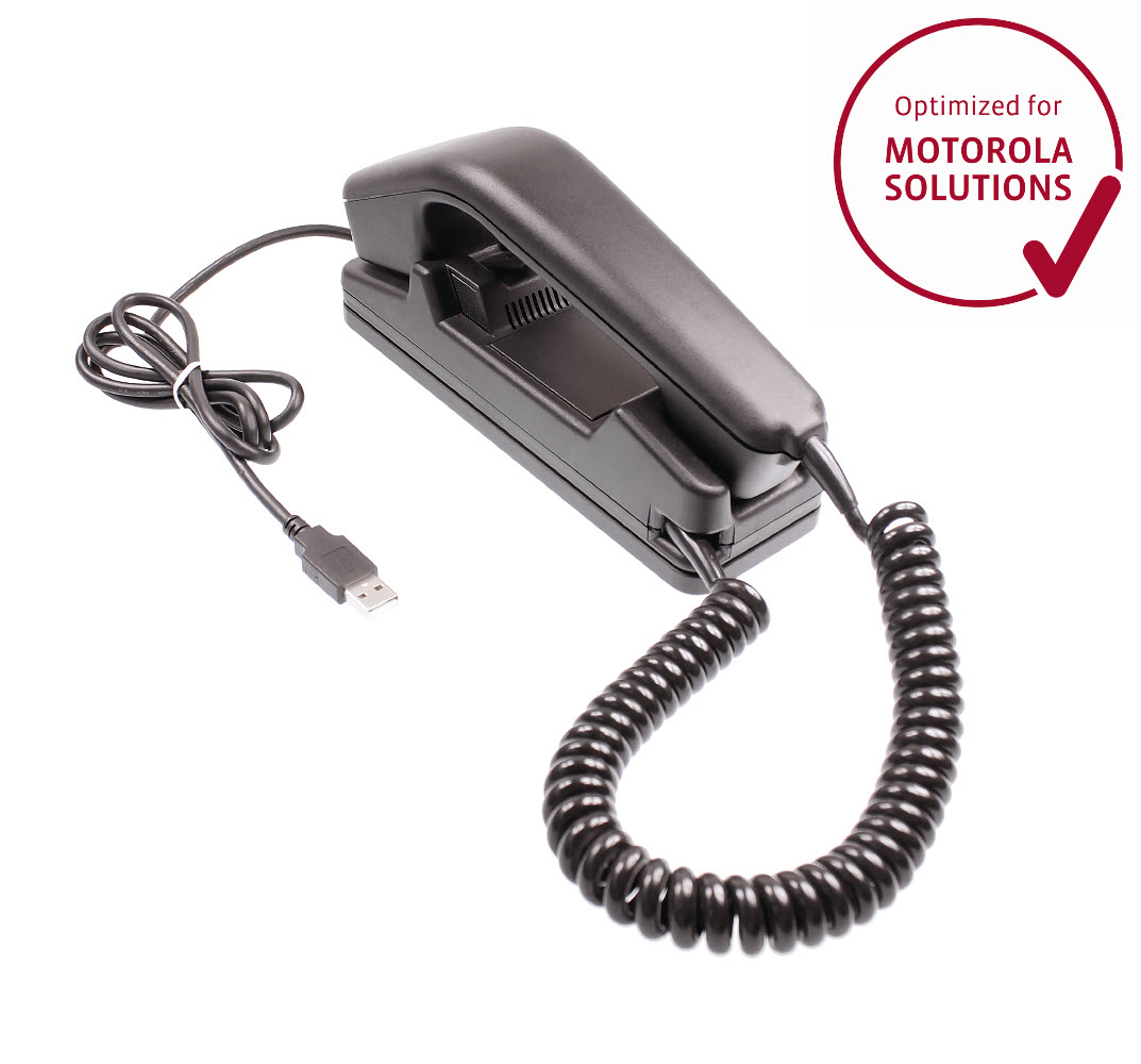 Téléphone USB noir avec cordon spiralé, optimisé pour Motorola Solutions.