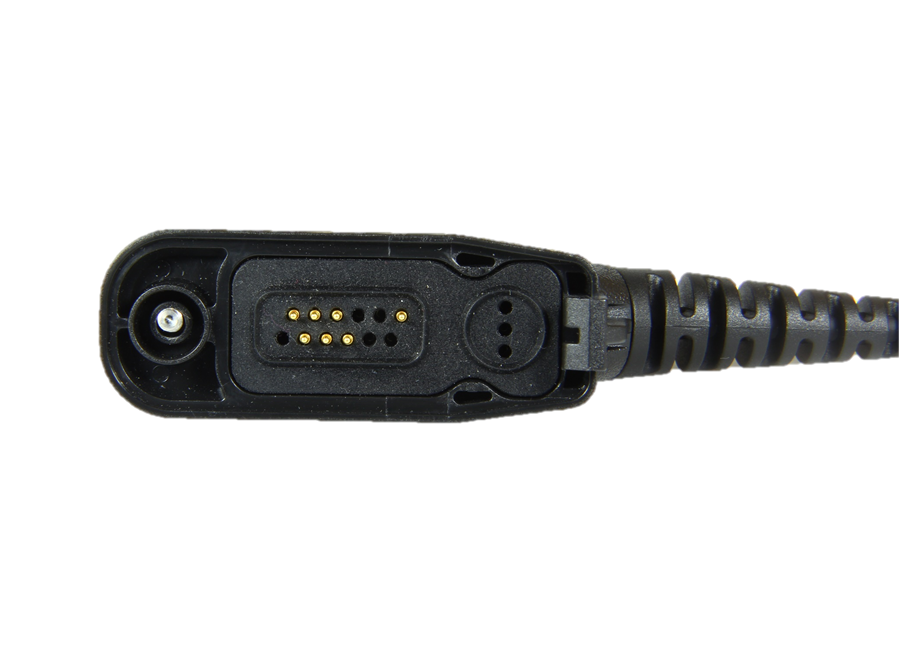Black connector with multiple pins and spiral protective cable.