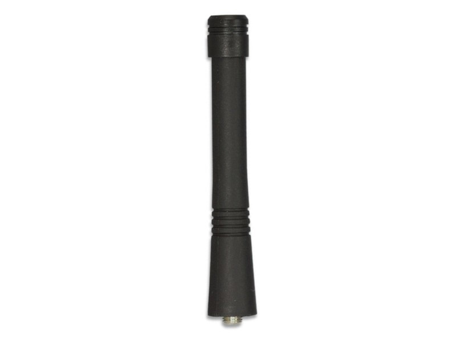 Black rubber antenna with ribbed grip end, vertically aligned.