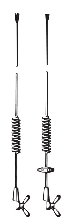 Deux aiguilles de biopsie chirurgicale avec ressort hélicoïdal, une avec une poignée en anneau.