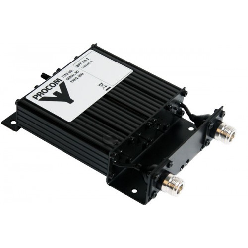 Boîtier électronique noir avec connecteurs, étiquette sur le dessus