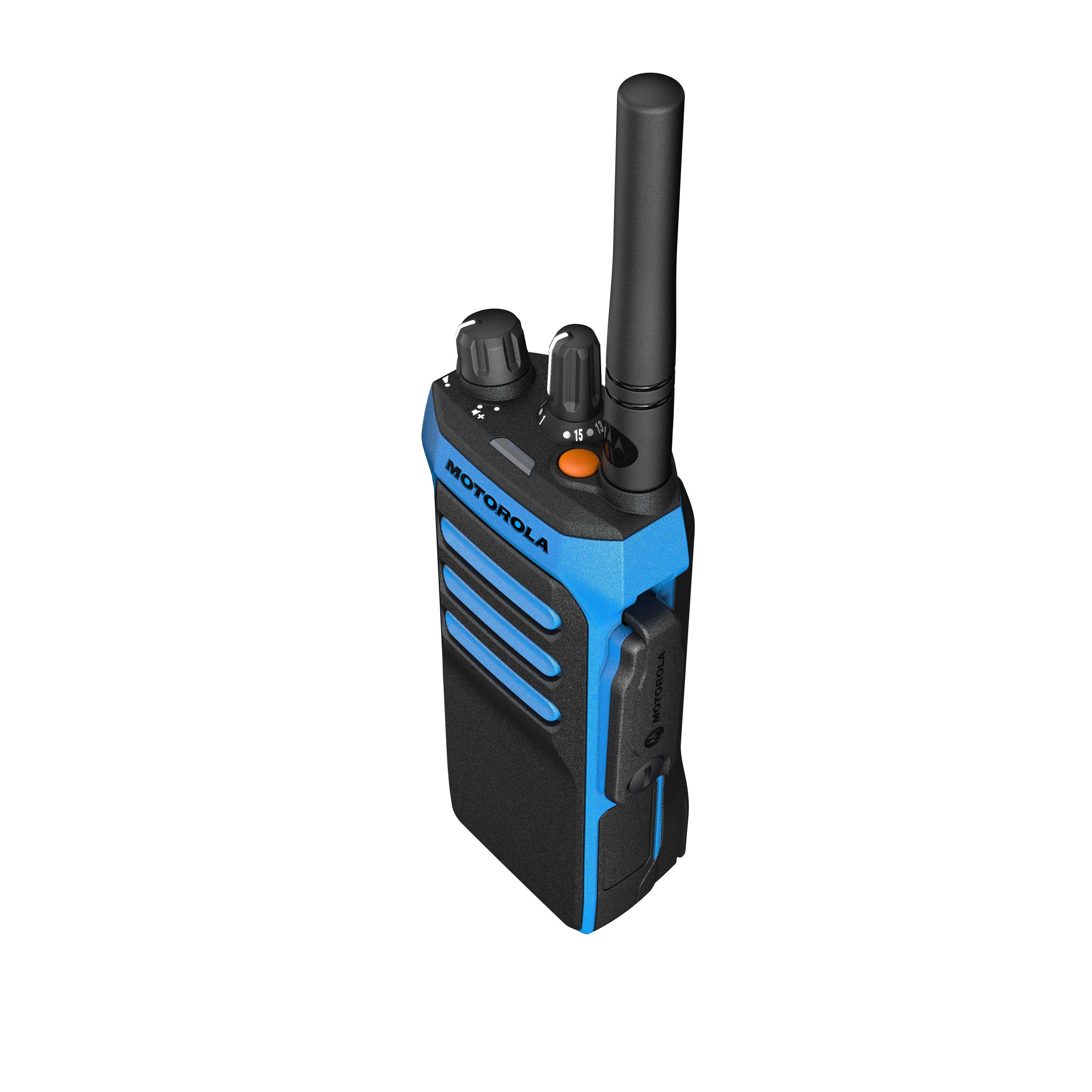 Talkie-walkie avec boîtier bleu et antenne.