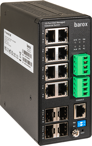 Commutateur industriel avec 12 ports Ethernet et deux blocs terminaux verts.