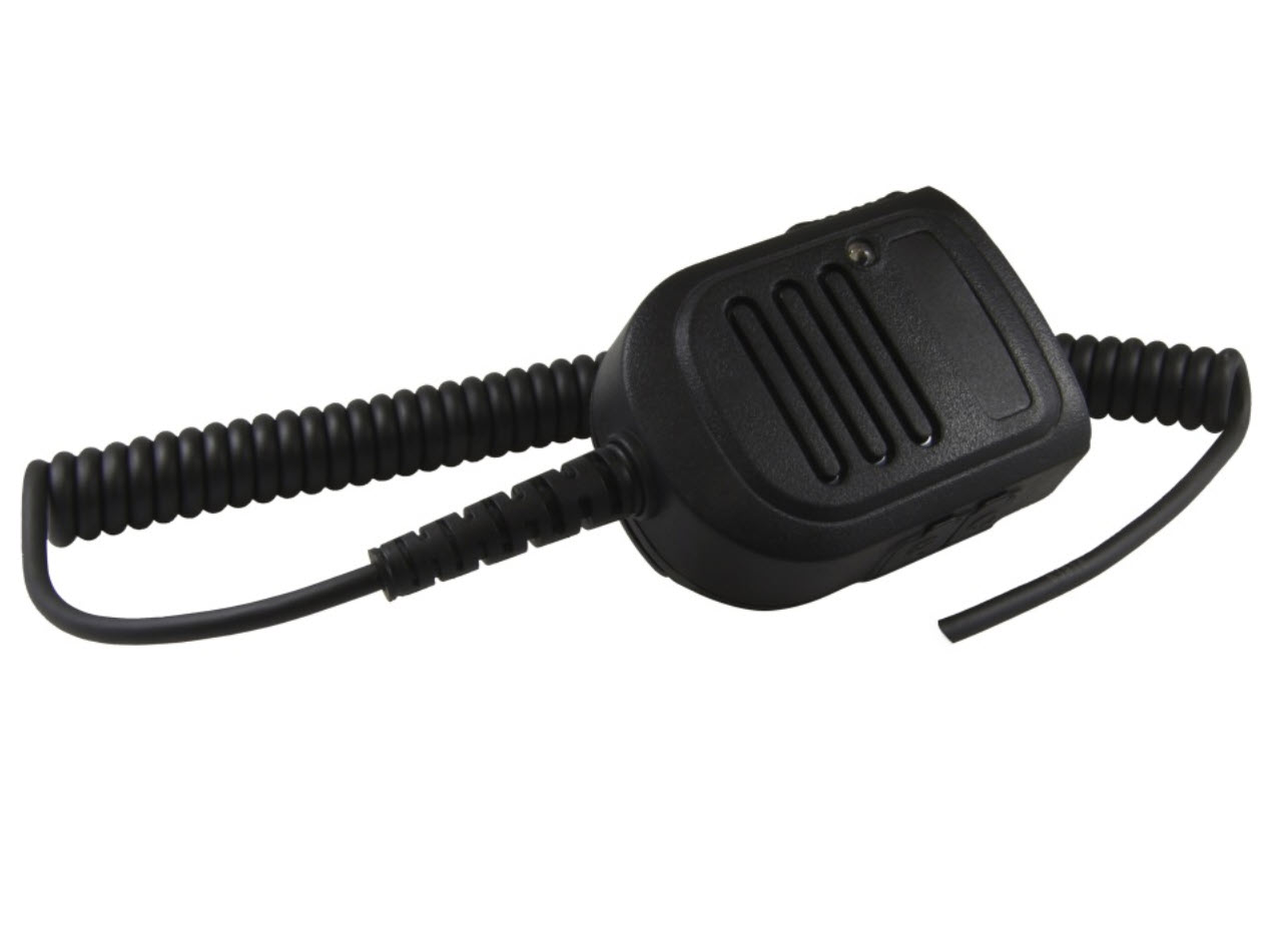 Black microphone with coiled cable and side buttons.