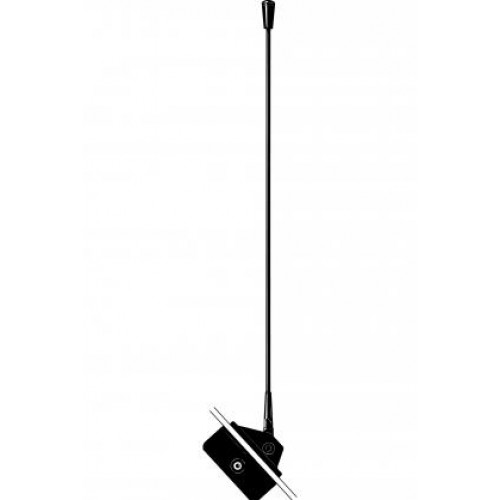 Zwarte auto-antenne met lange stang en rechthoekige basis.