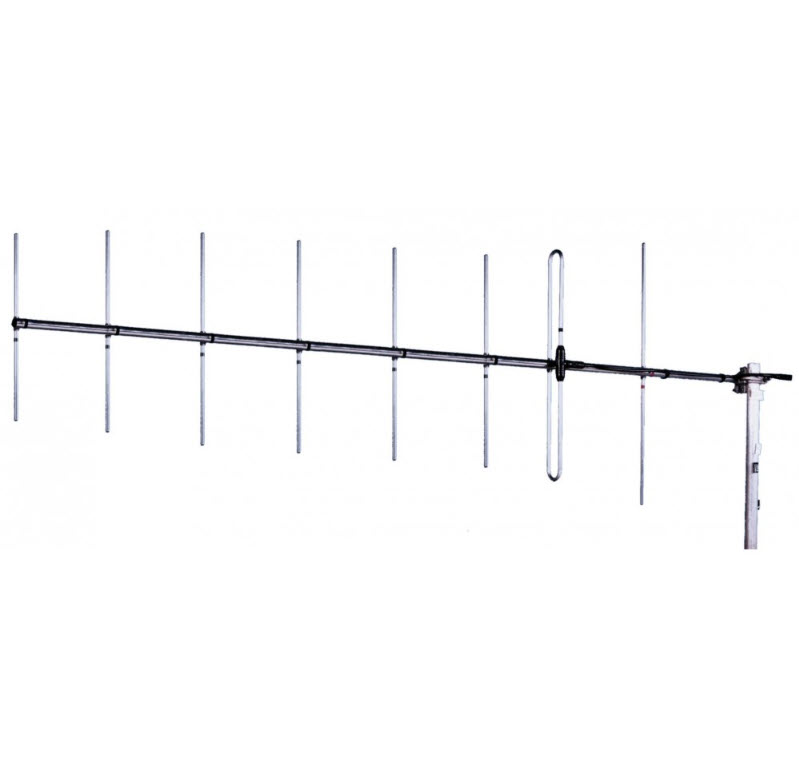A Yagi antenna with several metal rods on a long boom.
