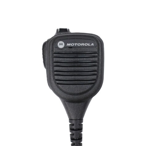 Zwarte microfoon met snoer en Motorola-logo, geschikt voor radio's.