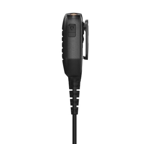 Zijaanzicht van een draagbare radiomicrofoon met kabel.