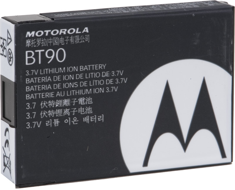 Zwarte 3,7V lithium-ion batterij van Motorola, model BT90.