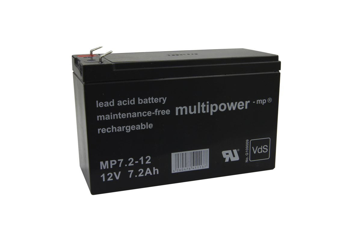 Black maintenance-free lead acid battery, 12V, 7.2Ah.